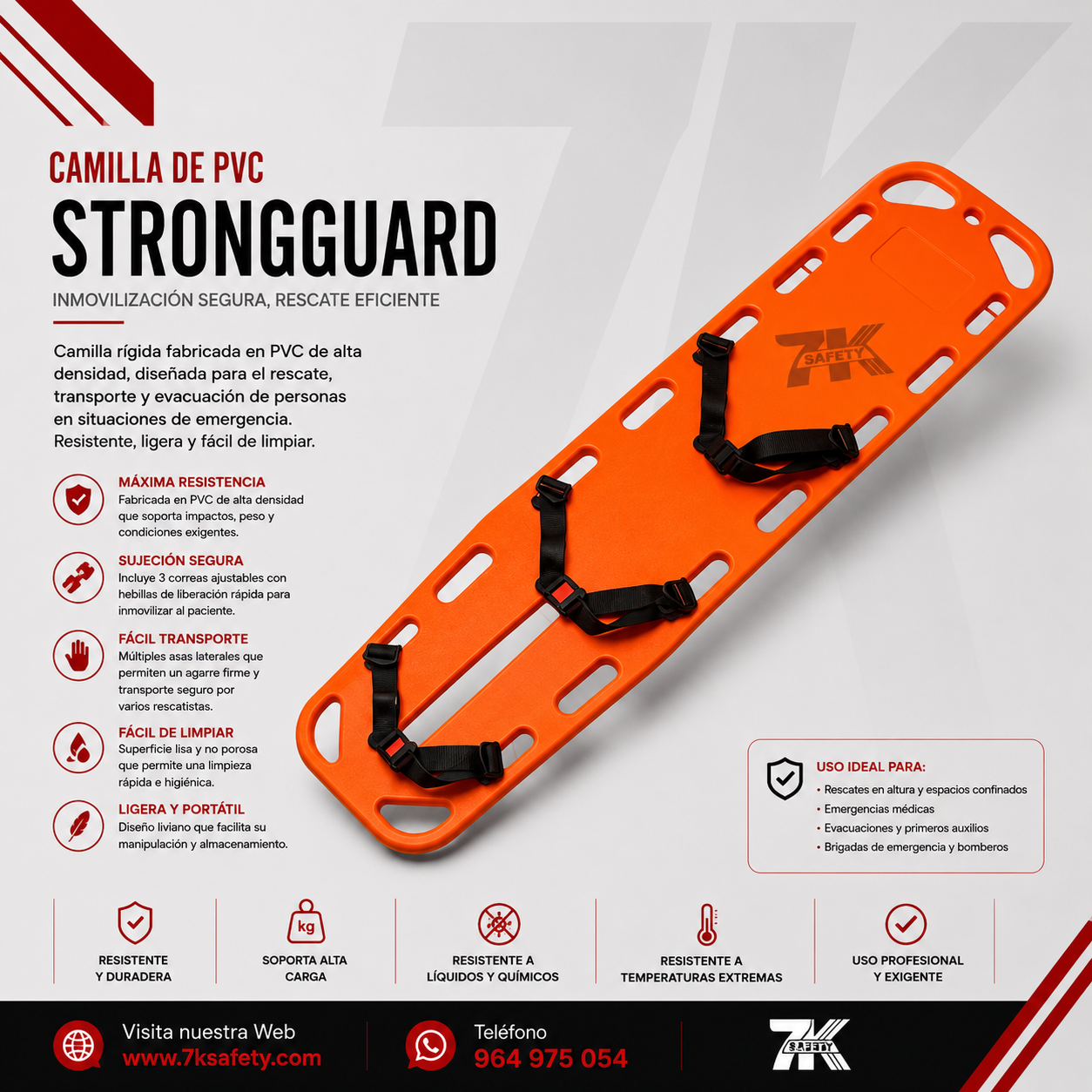 Camilla de PVC Naranja StrongGuard 1 Camilla de PVC Naranja StrongGuard para rescate y emergencias