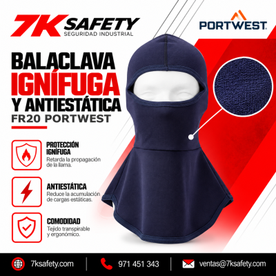 Balaclava Ignífuga FR20 Portwest azul marino de tejido Modaflame con protección térmica y antiestática