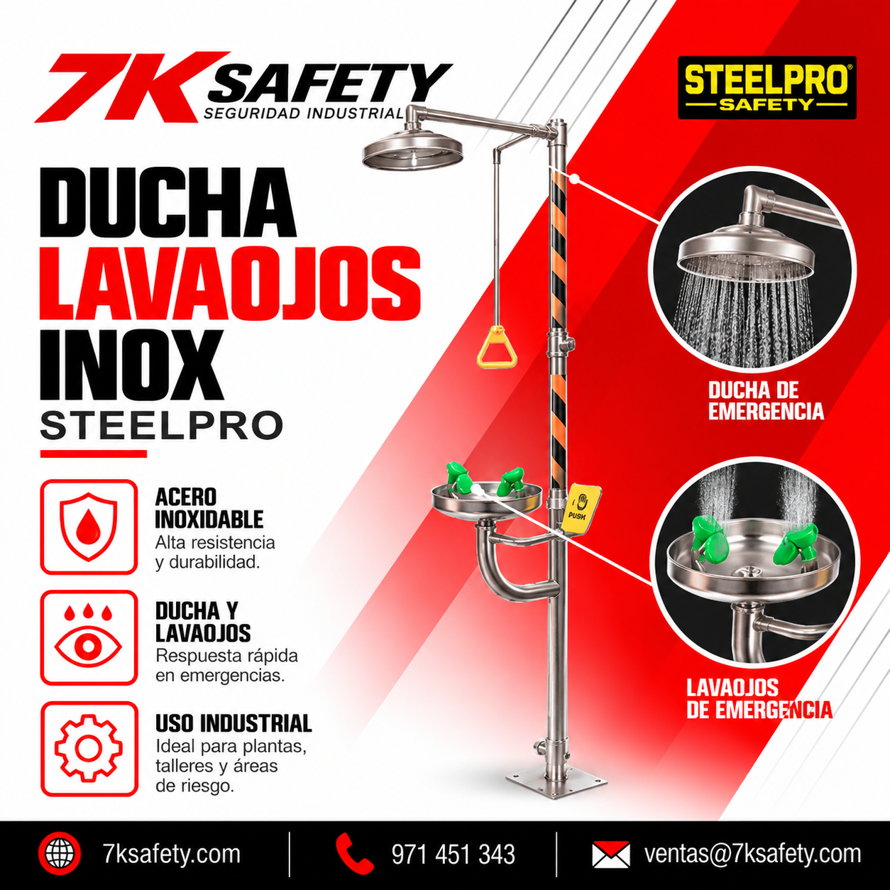 Ducha Lavaojos Inox Steelpro BD-560A de Emergencia 1 Ducha Lavaojos Inox Steelpro BD-560A de acero inoxidable 304 para emergencias químicas industriales