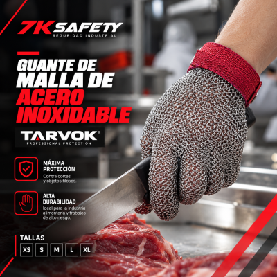 Guante de Malla de Acero Inoxidable TARVOK TVK-GM01 Premium con correa roja de sujeción
