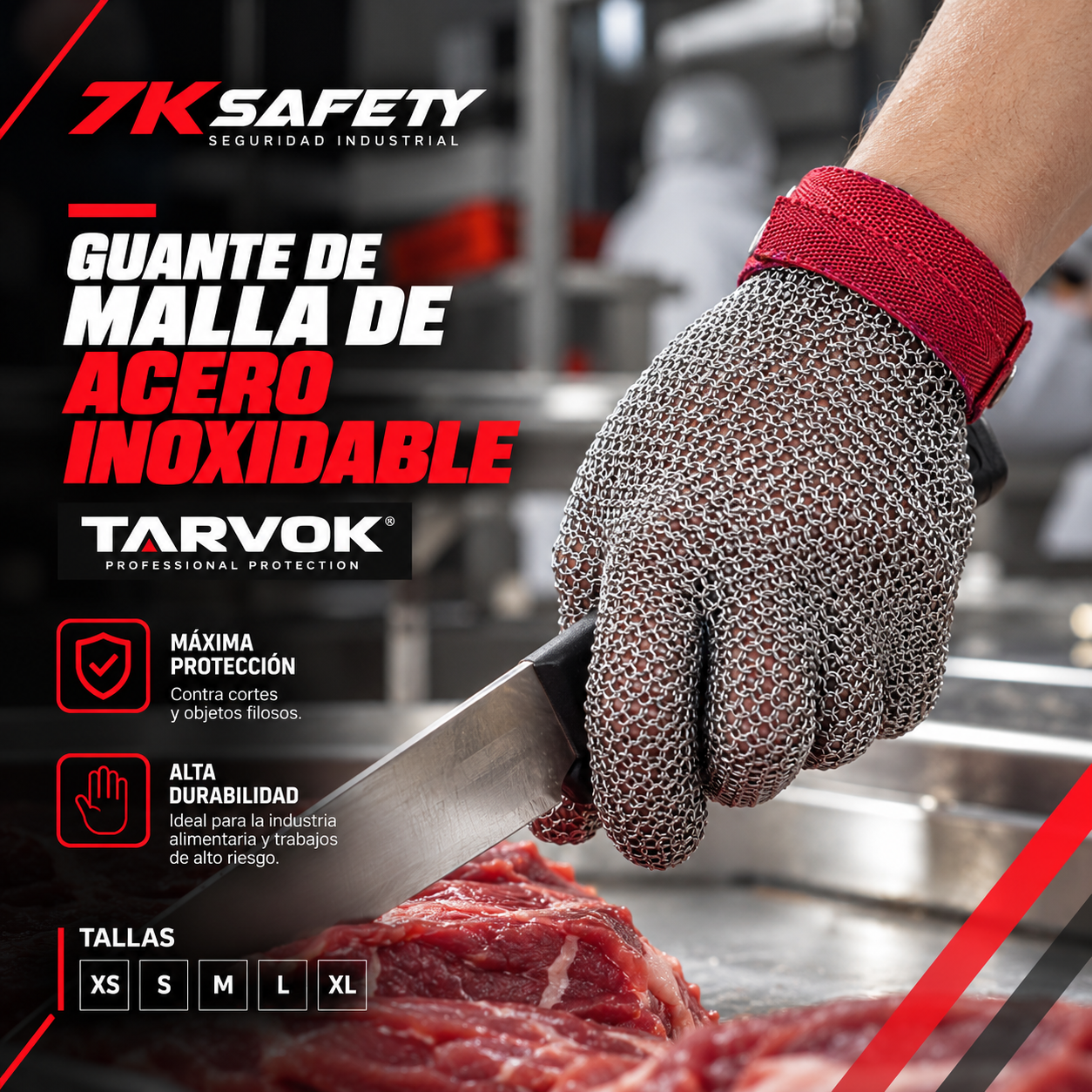 Guante de Malla de Acero Inoxidable Premium TARVOK TVK-GM01 1 Guante de Malla de Acero Inoxidable TARVOK TVK-GM01 Premium con correa roja de sujeción